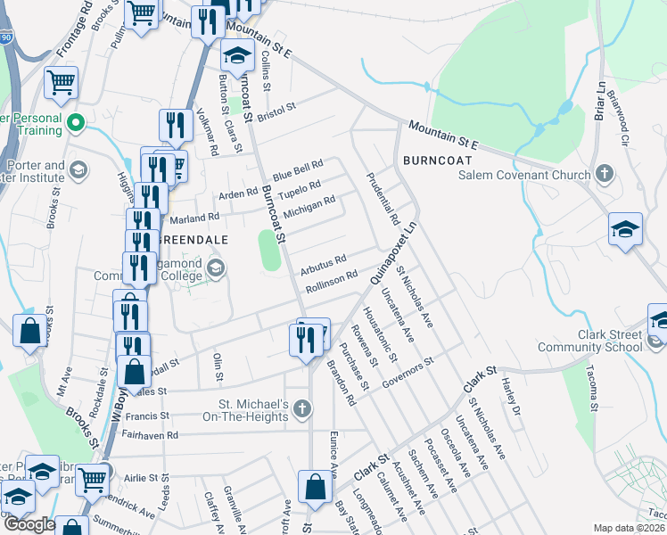 map of restaurants, bars, coffee shops, grocery stores, and more near 16 Arbutus Road in Worcester