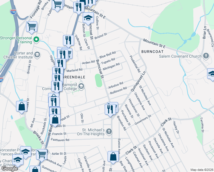 map of restaurants, bars, coffee shops, grocery stores, and more near 419 Burncoat Street in Worcester