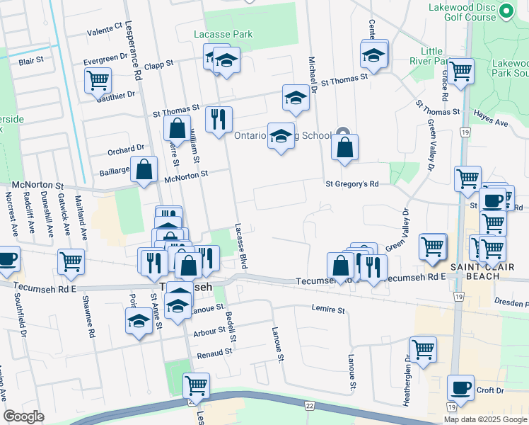 map of restaurants, bars, coffee shops, grocery stores, and more near 12541 Horwood Crescent in Windsor