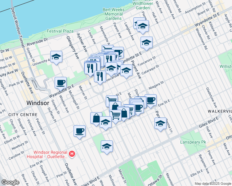 map of restaurants, bars, coffee shops, grocery stores, and more near in Windsor