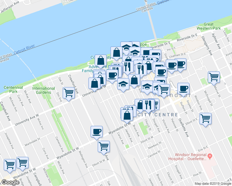 map of restaurants, bars, coffee shops, grocery stores, and more near 391 Bruce Avenue in Windsor