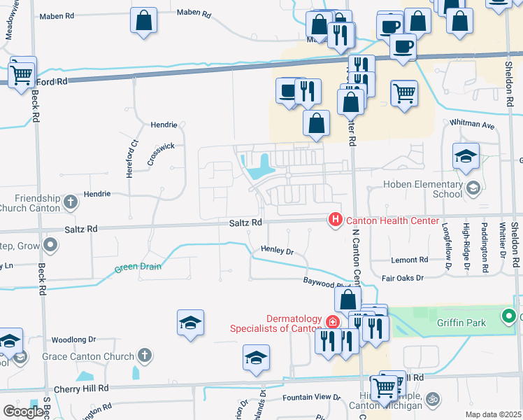 map of restaurants, bars, coffee shops, grocery stores, and more near 45940 Saltz Road in Canton