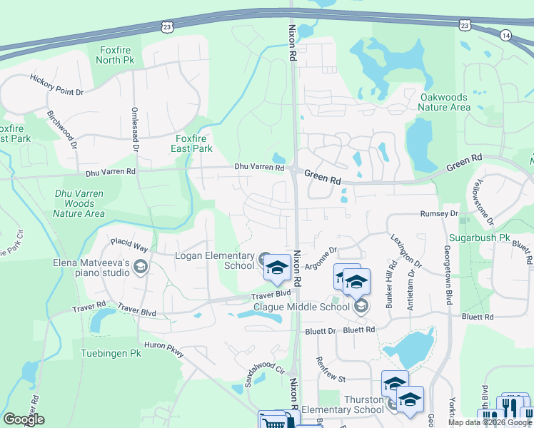 map of restaurants, bars, coffee shops, grocery stores, and more near 2718 Spurway Drive South in Ann Arbor