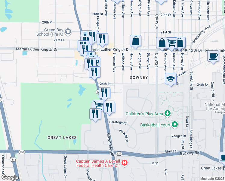 map of restaurants, bars, coffee shops, grocery stores, and more near 2416 Sherman Avenue in North Chicago
