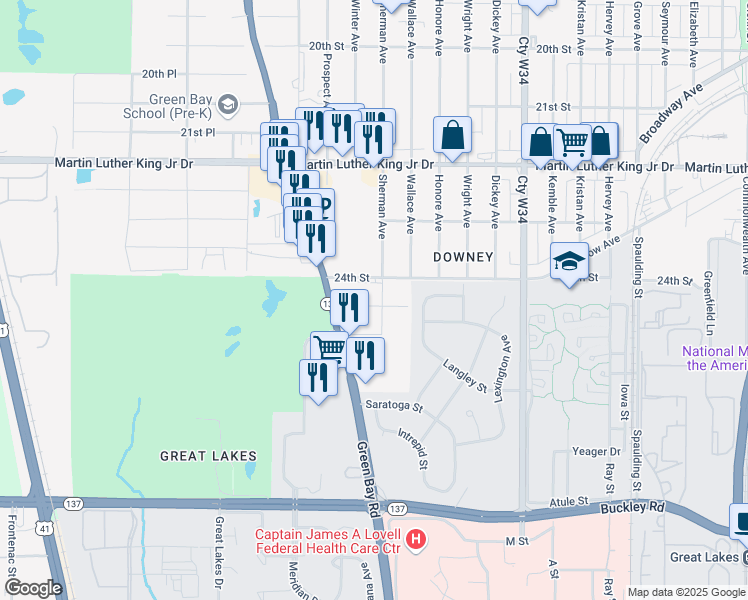 map of restaurants, bars, coffee shops, grocery stores, and more near 2416 Sherman Avenue in North Chicago