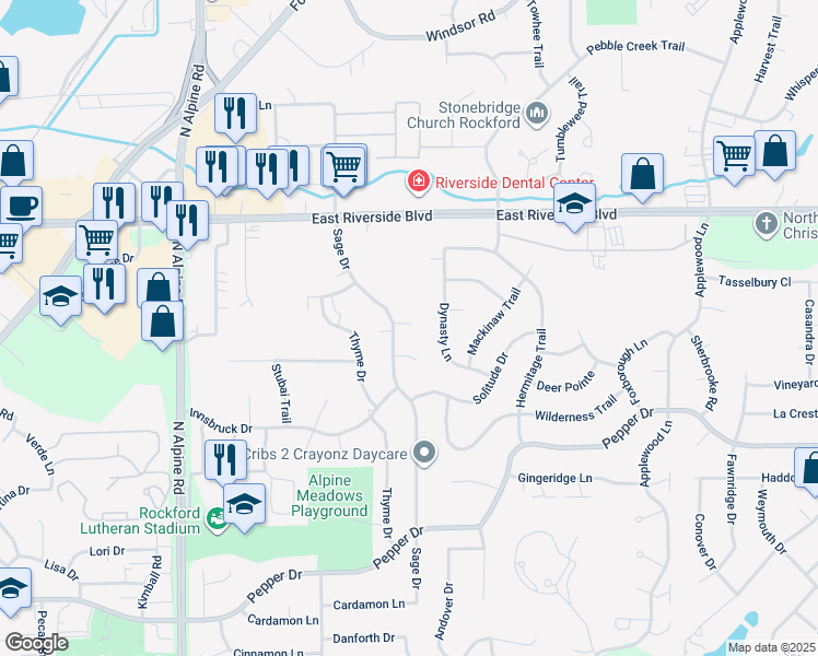 map of restaurants, bars, coffee shops, grocery stores, and more near 4967 Christy Circle in Rockford