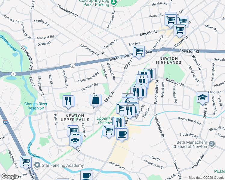 map of restaurants, bars, coffee shops, grocery stores, and more near 125 Elliot Street in Newton