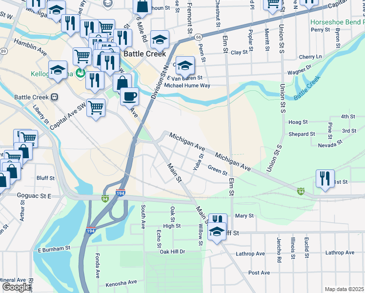 map of restaurants, bars, coffee shops, grocery stores, and more near 190 East Michigan Avenue in Battle Creek
