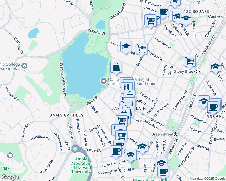map of restaurants, bars, coffee shops, grocery stores, and more near 44 Pond Street in Boston