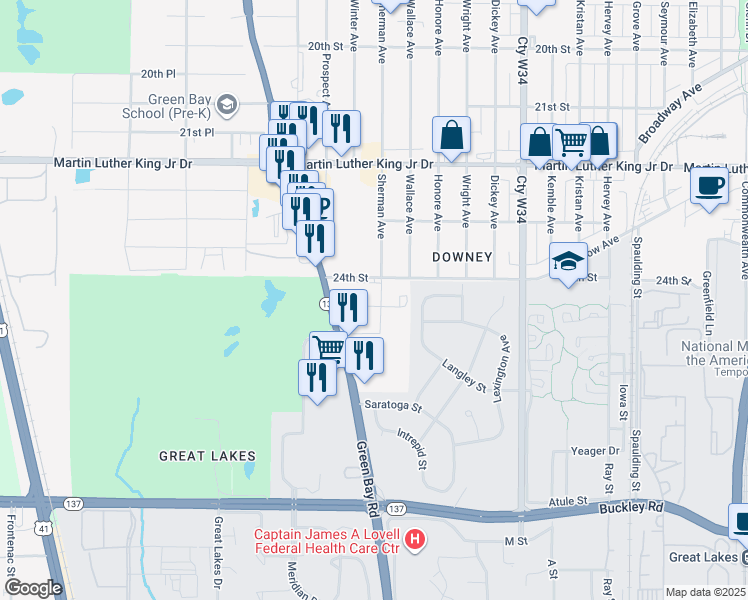 map of restaurants, bars, coffee shops, grocery stores, and more near 2416 Sherman Avenue in North Chicago