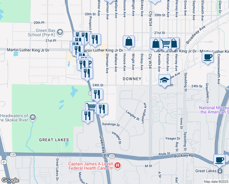 map of restaurants, bars, coffee shops, grocery stores, and more near 2400 24th Place in North Chicago