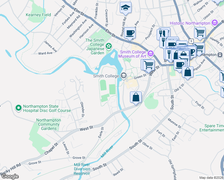 map of restaurants, bars, coffee shops, grocery stores, and more near 155 West Street in Northampton