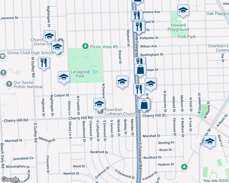 map of restaurants, bars, coffee shops, grocery stores, and more near 500 North Vernon Street in Dearborn