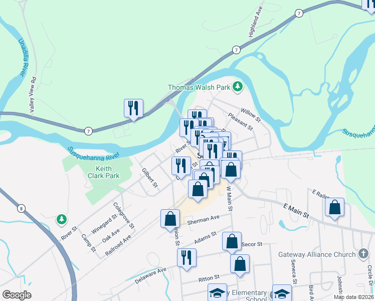 map of restaurants, bars, coffee shops, grocery stores, and more near 12 Grand Street in Sidney