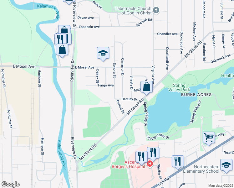 map of restaurants, bars, coffee shops, grocery stores, and more near 2346 Sonora Street in Kalamazoo