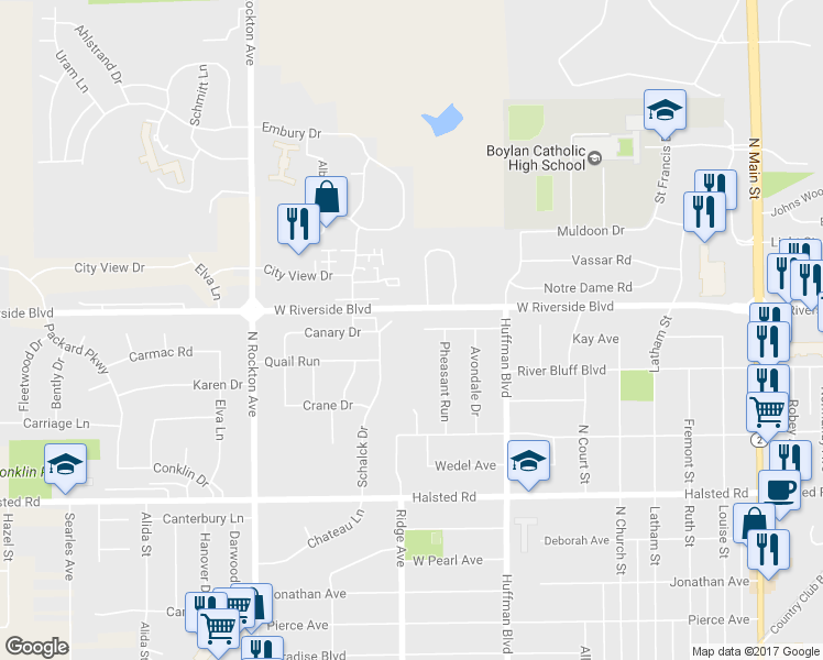 map of restaurants, bars, coffee shops, grocery stores, and more near 2016 Randolph Drive in Rockford