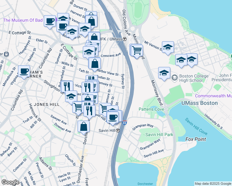 map of restaurants, bars, coffee shops, grocery stores, and more near 79 Saxton Street in Boston