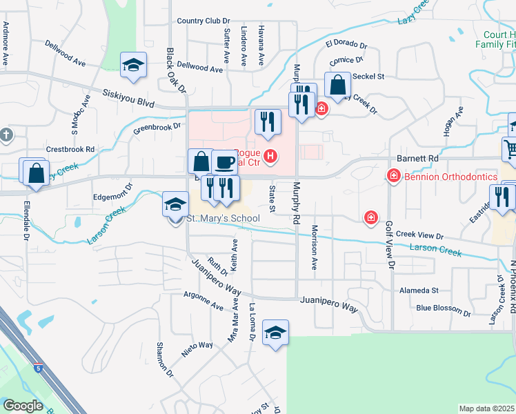 map of restaurants, bars, coffee shops, grocery stores, and more near 100 Creekside Circle in Medford