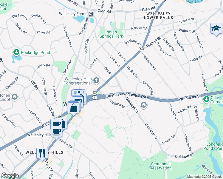 map of restaurants, bars, coffee shops, grocery stores, and more near 389 Worcester Street in Wellesley