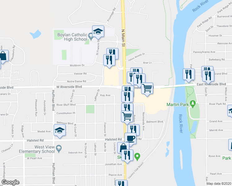 map of restaurants, bars, coffee shops, grocery stores, and more near 1207 Kay Avenue in Rockford