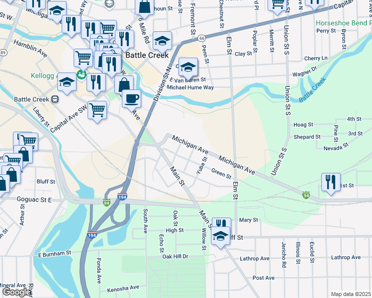 map of restaurants, bars, coffee shops, grocery stores, and more near 190 East Michigan Avenue in Battle Creek