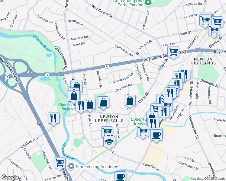 map of restaurants, bars, coffee shops, grocery stores, and more near 93 Thurston Road in Newton