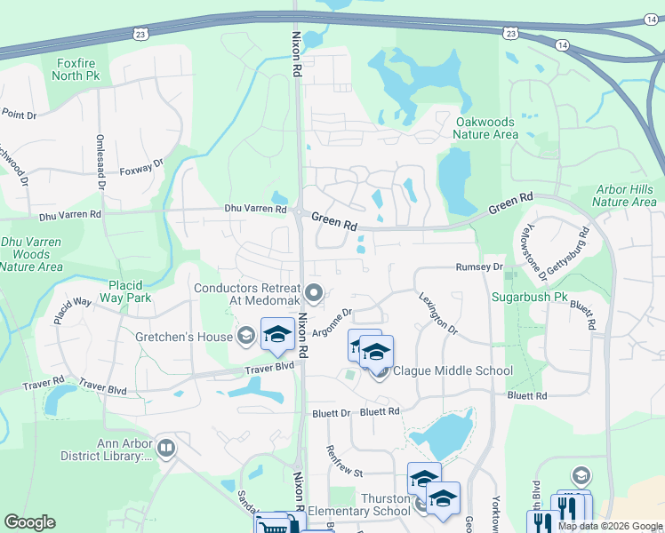 map of restaurants, bars, coffee shops, grocery stores, and more near 11 Haverhill Court in Ann Arbor