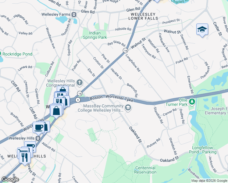 map of restaurants, bars, coffee shops, grocery stores, and more near 367 Worcester Street in Wellesley