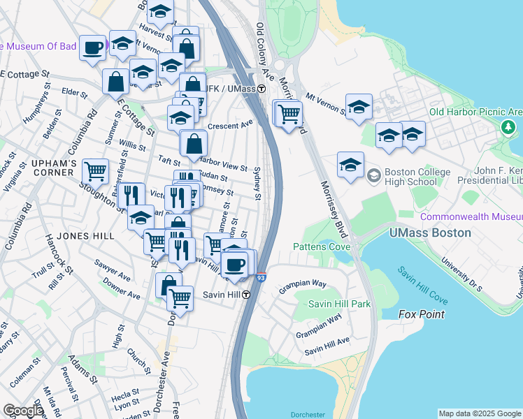 map of restaurants, bars, coffee shops, grocery stores, and more near 101 Sydney Street in Boston
