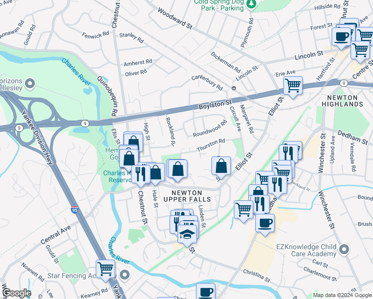 map of restaurants, bars, coffee shops, grocery stores, and more near 117 Thurston Road in Newton