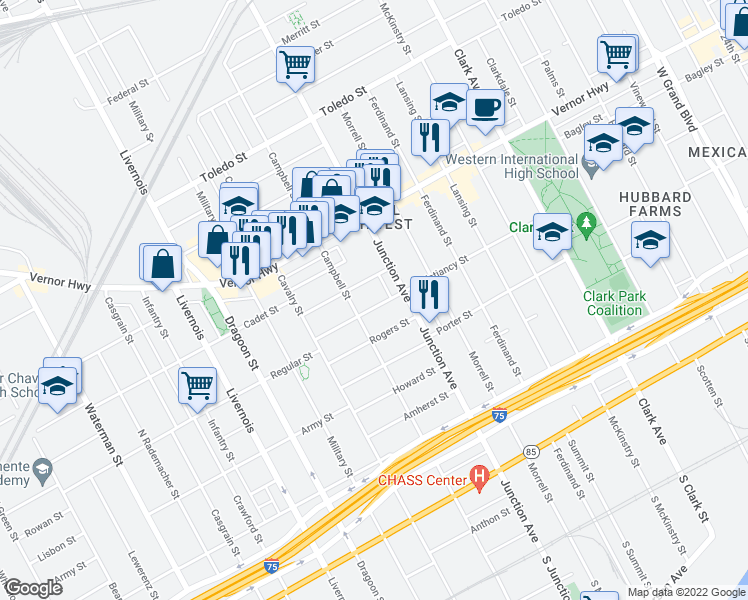 map of restaurants, bars, coffee shops, grocery stores, and more near 5670 Christiancy Street in Detroit