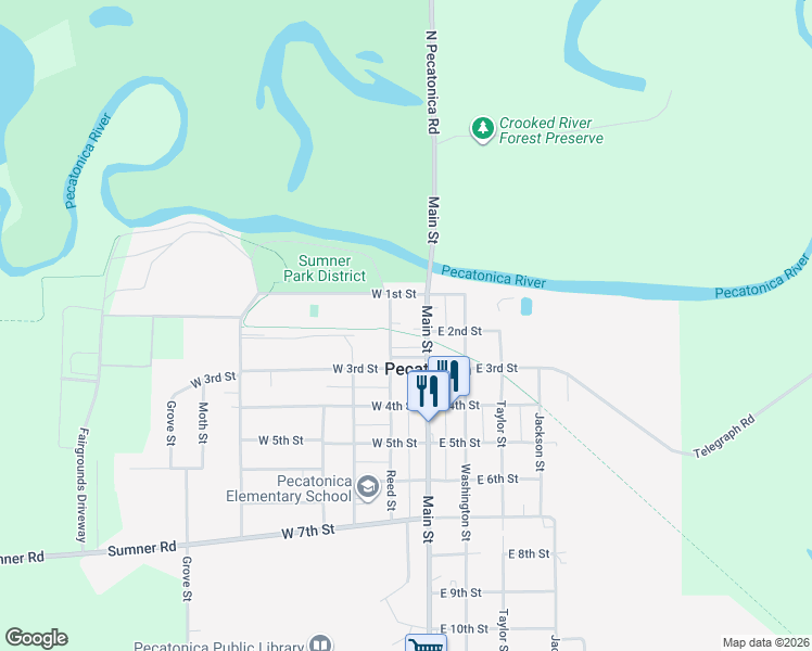 map of restaurants, bars, coffee shops, grocery stores, and more near 227 Reed Street in Pecatonica