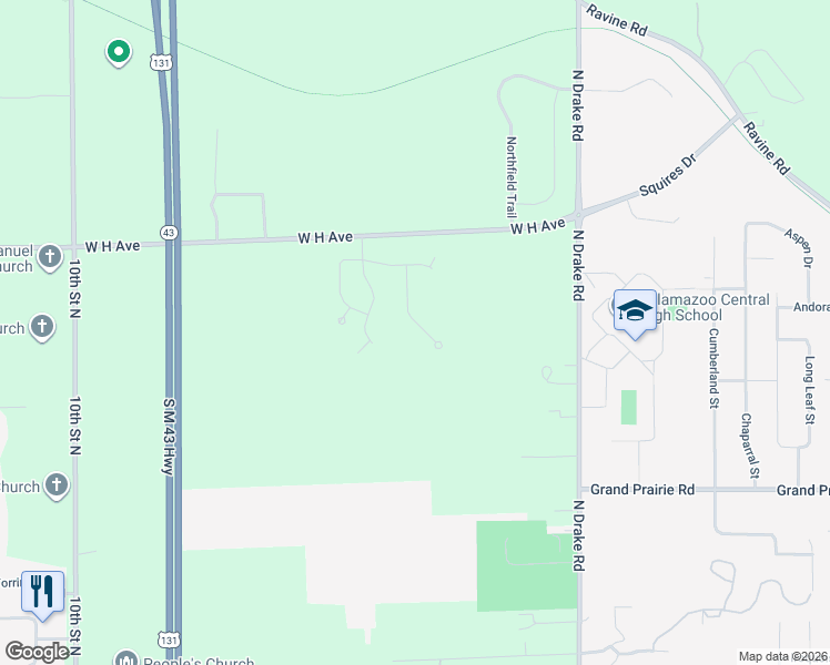 map of restaurants, bars, coffee shops, grocery stores, and more near 2509 Piers End Lane in Kalamazoo