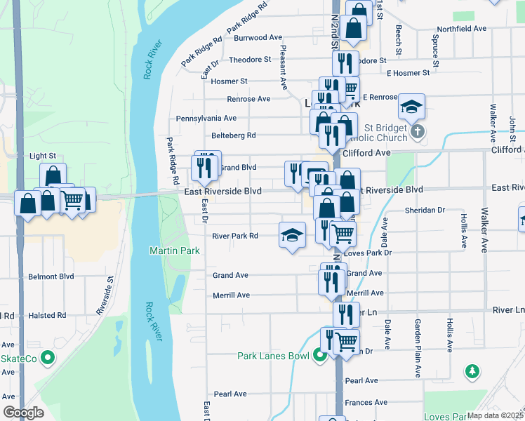 map of restaurants, bars, coffee shops, grocery stores, and more near 316 Sheridan Drive in Loves Park