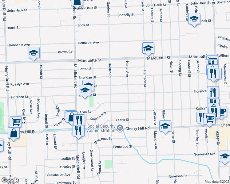map of restaurants, bars, coffee shops, grocery stores, and more near 28740 Florence Street in Garden City
