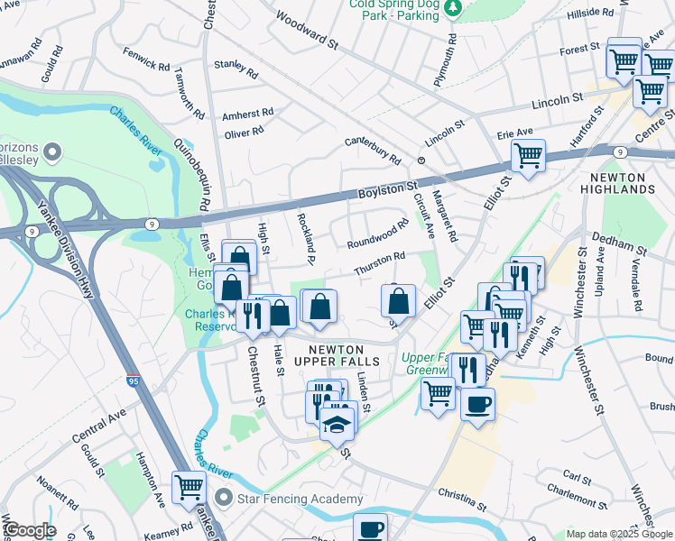 map of restaurants, bars, coffee shops, grocery stores, and more near 103 Thurston Road in Newton