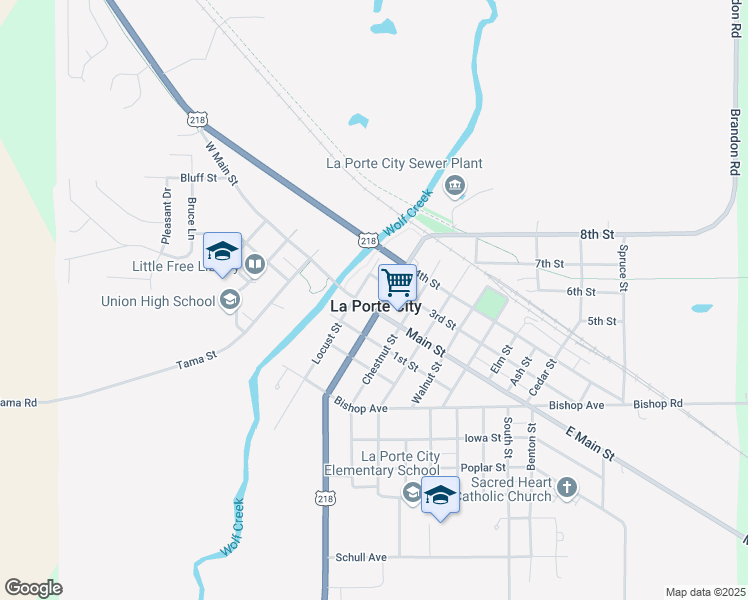 map of restaurants, bars, coffee shops, grocery stores, and more near 216 Main Street in La Porte City