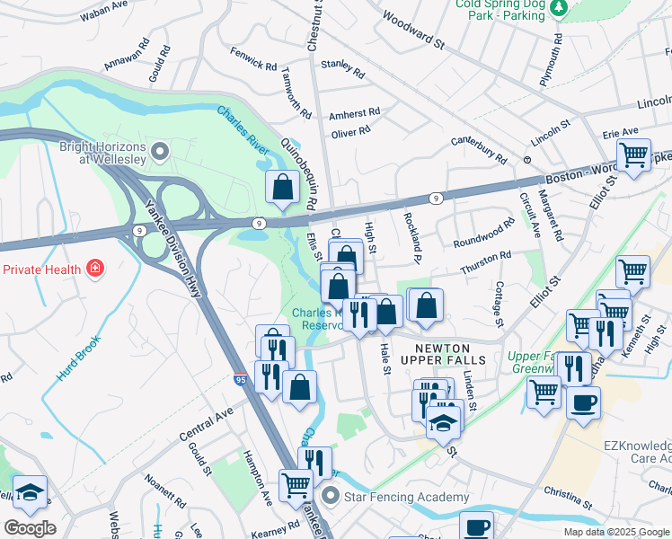 map of restaurants, bars, coffee shops, grocery stores, and more near 989 Chestnut Street in Newton
