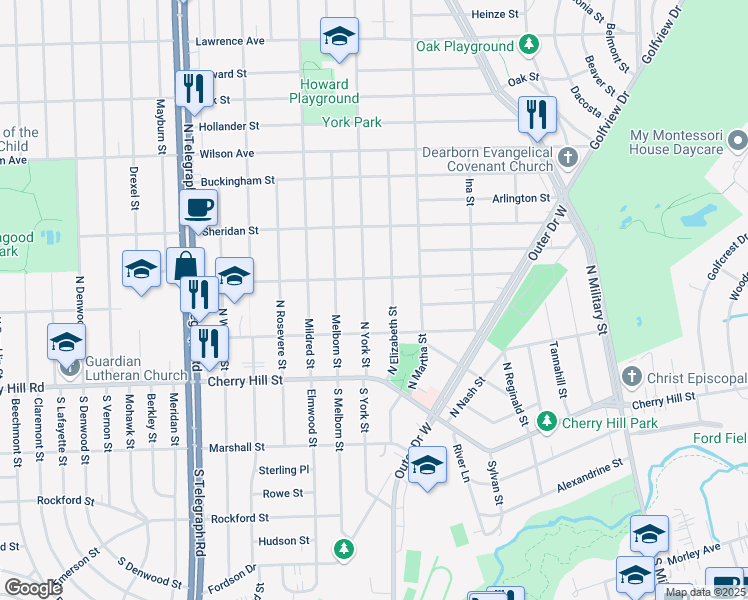 map of restaurants, bars, coffee shops, grocery stores, and more near 501 North Elizabeth Street in Dearborn
