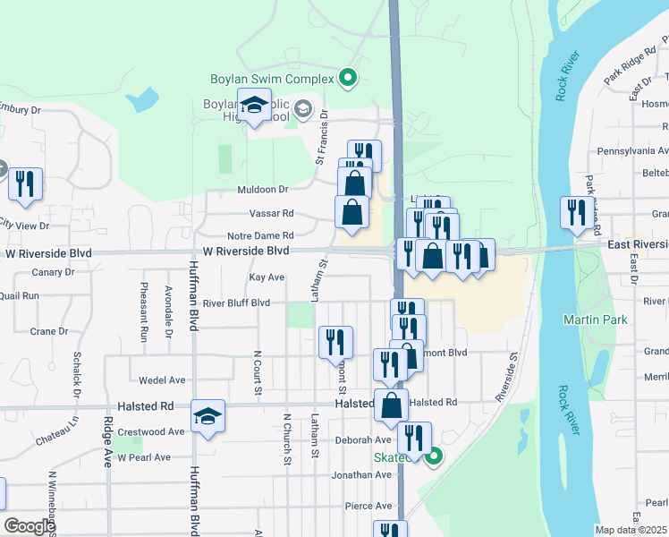 map of restaurants, bars, coffee shops, grocery stores, and more near 1313 Kay Avenue in Rockford