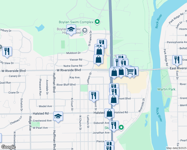 map of restaurants, bars, coffee shops, grocery stores, and more near 1313 Kay Avenue in Rockford