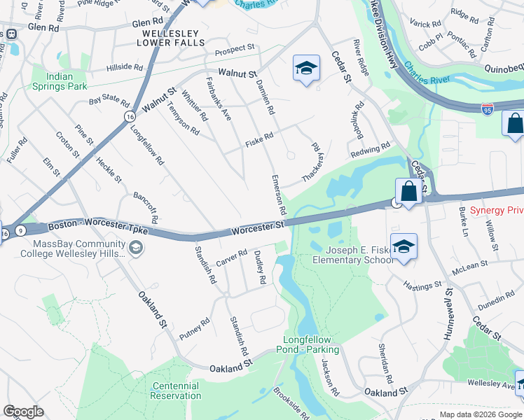 map of restaurants, bars, coffee shops, grocery stores, and more near 295 Worcester Street in Wellesley