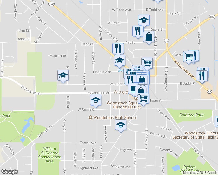 map of restaurants, bars, coffee shops, grocery stores, and more near 123 North Hayward Street in Woodstock