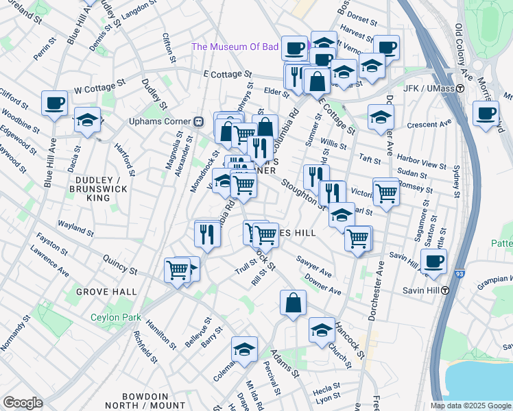 map of restaurants, bars, coffee shops, grocery stores, and more near 14 Upham Avenue in Boston