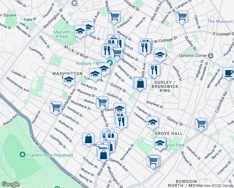 map of restaurants, bars, coffee shops, grocery stores, and more near 17 Holborn Street in Boston