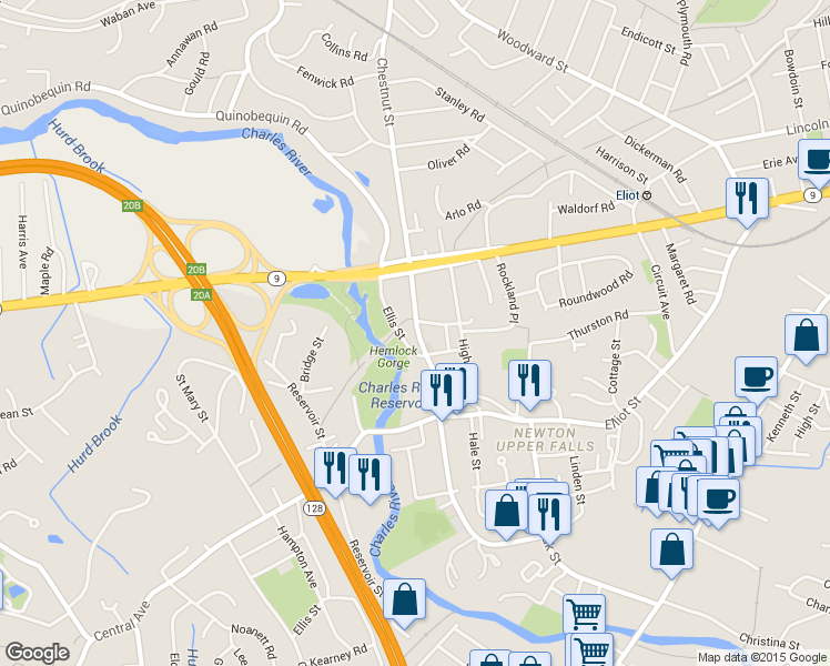 map of restaurants, bars, coffee shops, grocery stores, and more near 989 Chestnut Street in Newton