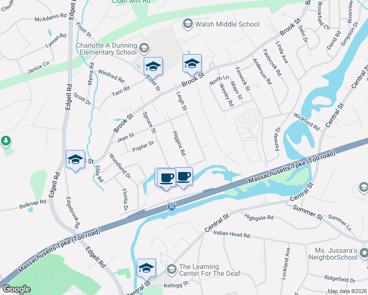 map of restaurants, bars, coffee shops, grocery stores, and more near 104 Higgins Road in Framingham