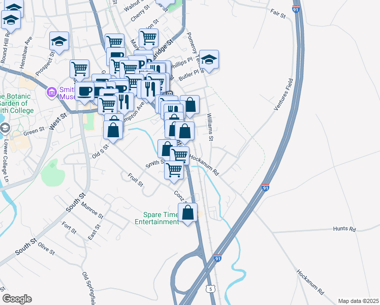 map of restaurants, bars, coffee shops, grocery stores, and more near 9 Hockanum Road in Northampton