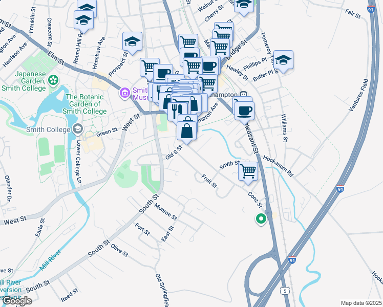 map of restaurants, bars, coffee shops, grocery stores, and more near 12 Fruit Street in Northampton