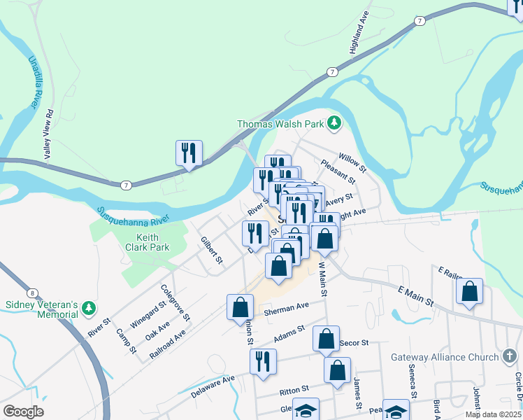 map of restaurants, bars, coffee shops, grocery stores, and more near 13-23 Grand Street in Sidney